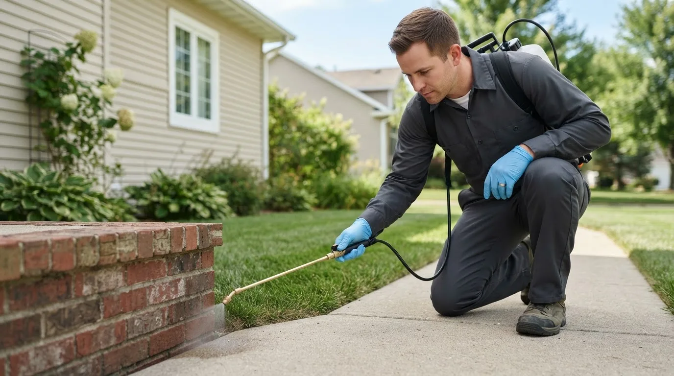 Pest control technician treating a home near Ames, OK