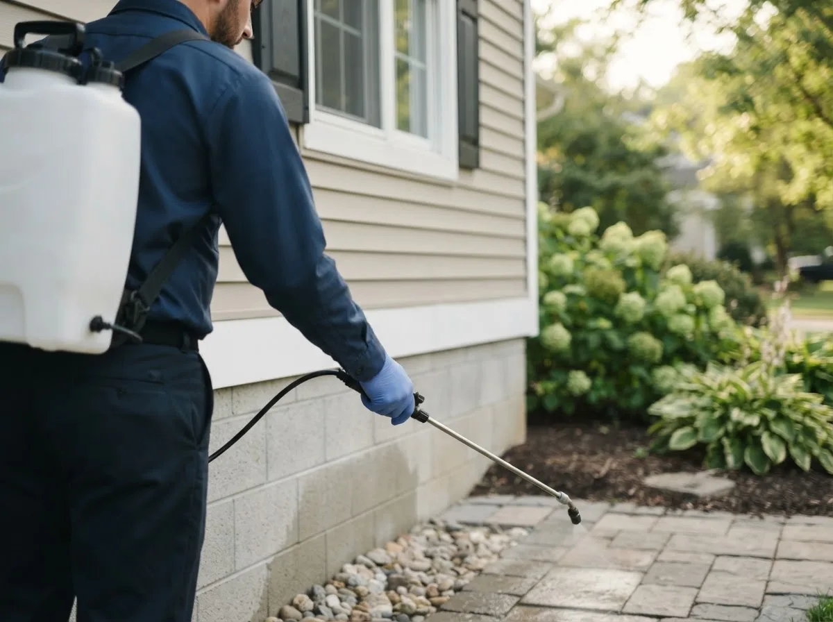 Pest control technician inspecting a home in Ames, OK